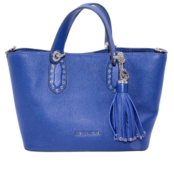 Michael Kors SATCHEL Shoulder Bag Purse Logo Blue Leather Silver - Picture 1 of 11